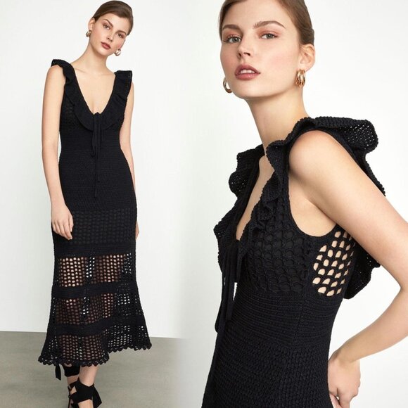 NWT BCBGMAXAZRIA Crochet Midi Dress Black Sleeveless Deep V-Back XXS - Picture 3 of 8